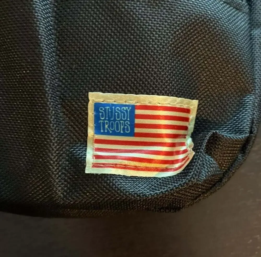 Stussy Troops Black Sling Bag Crossbody Backpack with American Flag Patch